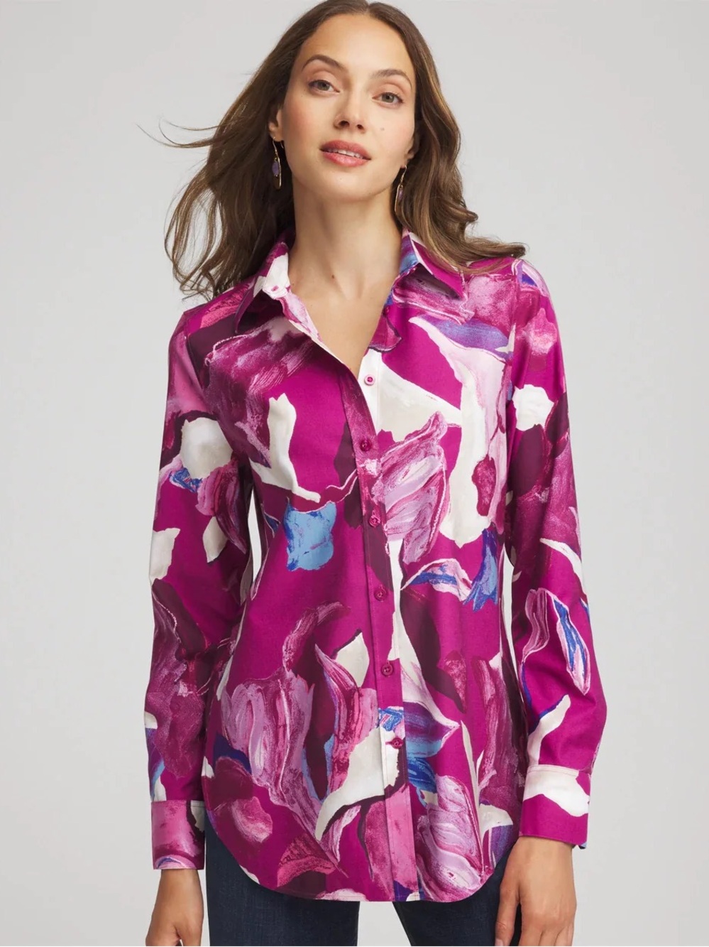 Chico’s No Iron Floral Paint Button Down Shirt Pink-Purple Plus Size 16 (3)